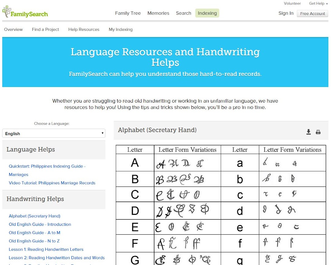 FamilySearch's Language Resources and Handwriting Helps